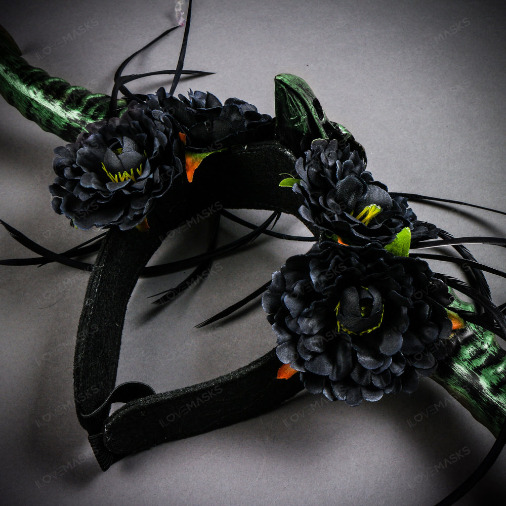 Gothic Demon Long Horn with Flower Head Piece - Black Green - Picture 6 of 6